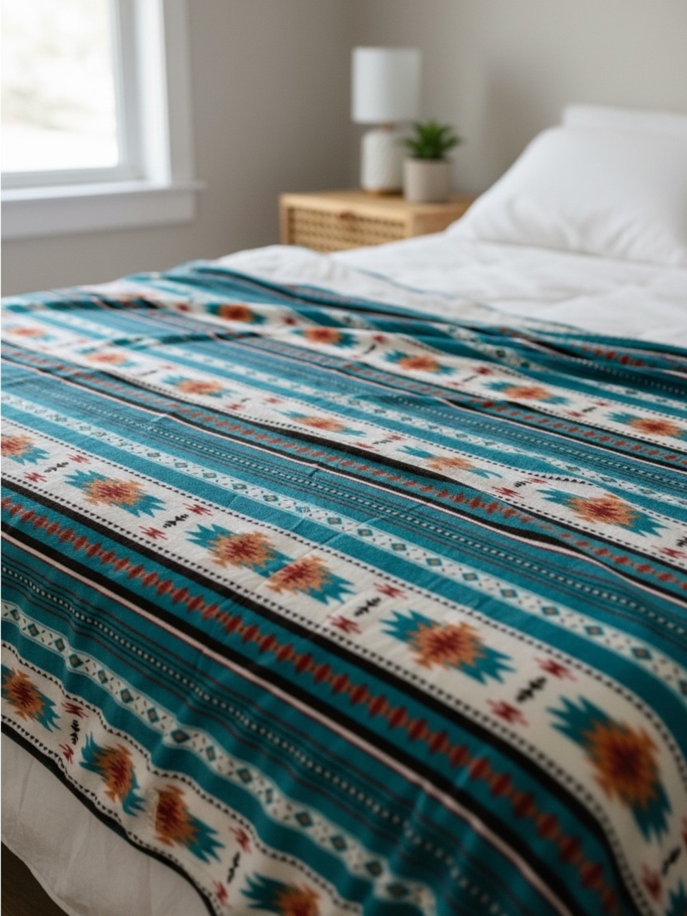 TEAL Queen Southwest tribal Aztec Geometric Plush fleece Blanket
